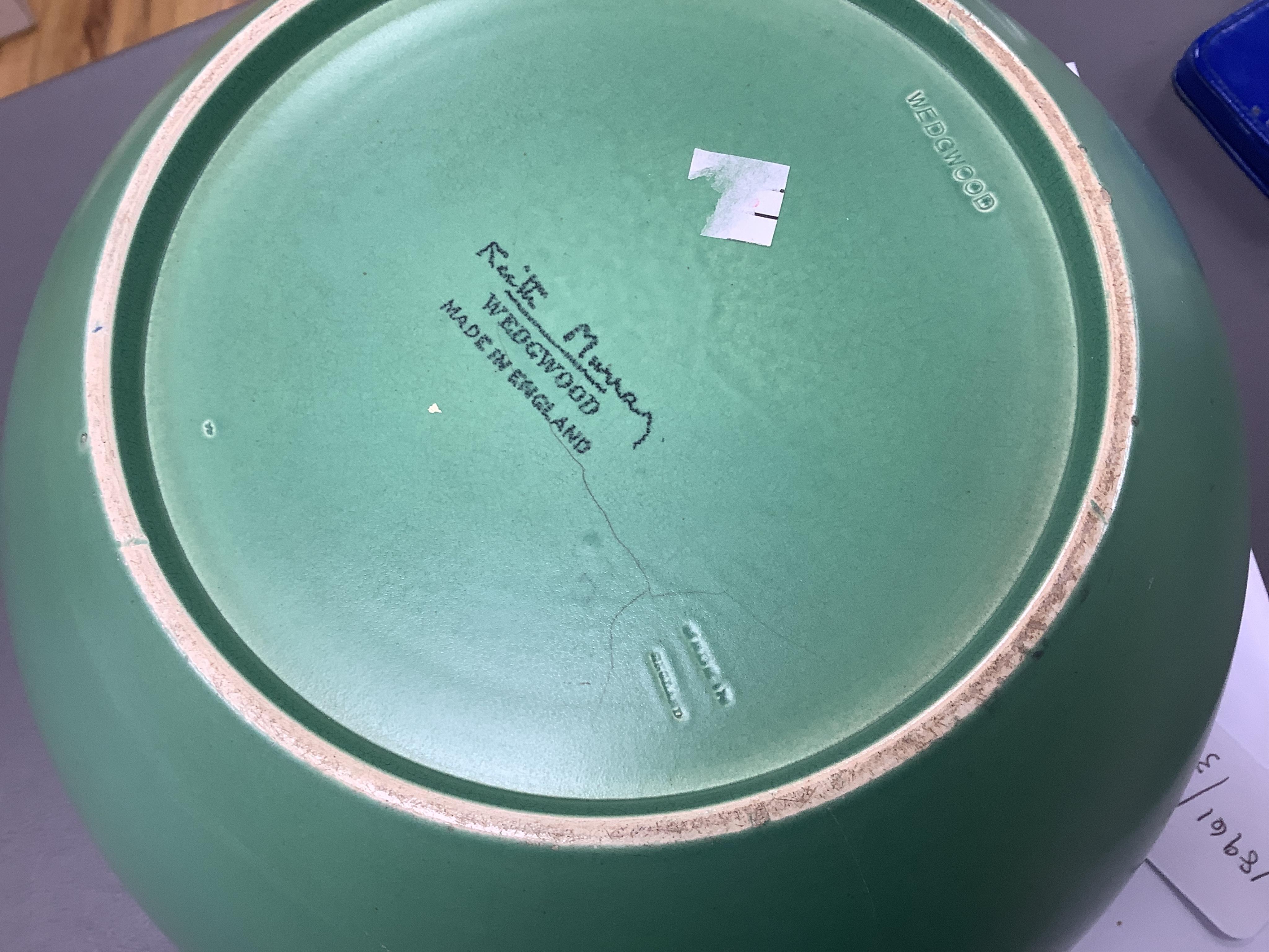 Keith Murray for Wedgwood green glazed ribbed bowl, signed and stamped to the base, 25cm in diameter